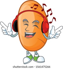 Long loaf cartoon character with listening music mascot