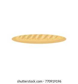Long loaf of freshly baked white bread, French baguette, flat design. Food icon for menu or bakery store. Flour products and bakery goods. Vector