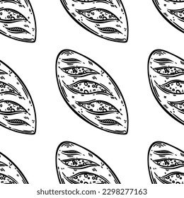 Long loaf seamless vector pattern. Tasty soft dessert with crispy crust, yeast egg dough. Fresh bread for breakfast, yummy pastry. Food sketch, drawing. Black and white background for menu, print, web