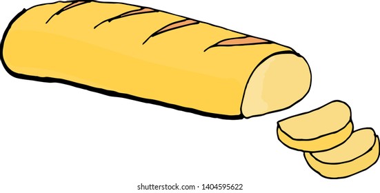 long loaf with sliced pieces. Vector illustration for design of menus, booklets, signs.