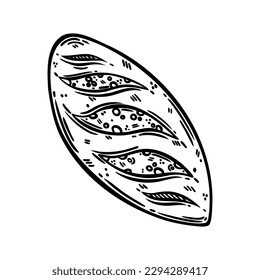 Long loaf vector icon. Delicious soft dessert with crispy crust, yeast egg dough. Fresh bun for breakfast, tasty pastry. Food sketch, line art. Black and white clipart for menu, bakery, logo, prints