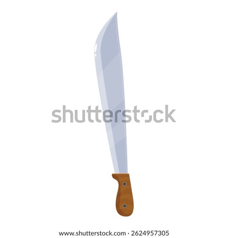 Long machete knife pointing upwards with wooden handle isolated on white background