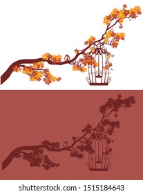 long maple branch with autumn foliage, sitting bird and open cage - fall season nature vector decor