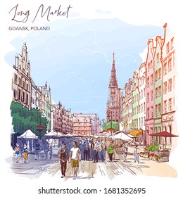 Long Market Square, Gdansk, Poland. Vintage design. Watercolor Painted sketch on a white background. EPS10 vector illustration.