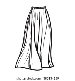 Long maxi skirt hand drawn vector illustration black on white line
