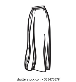 Long maxi skirt hand drawn vector illustration black on white line
