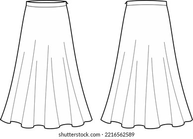 Long maxi skirt set flat sketch. Summer wear apparel design. Front view. Women CAD mockup. Fashion technical drawing template. Vector illustration.