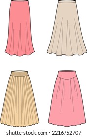 Long maxi skirt set flat sketch. Summer wear apparel design. Front view. Women CAD mockup. Fashion technical drawing template. Vector illustration.