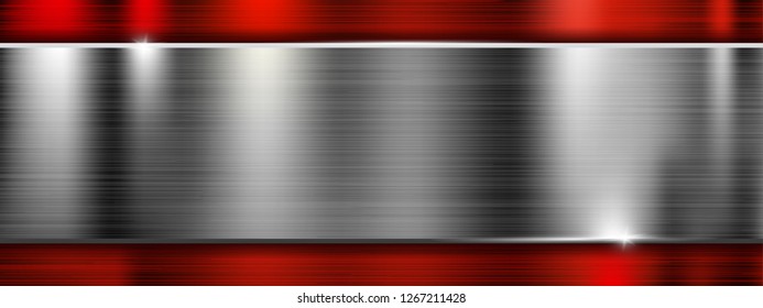 Long metal brushed texture with red frame. Vector 3d illustration
