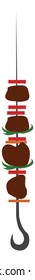 A long metal stick of cooked barbecue has four pieces of meat some greens and slices of tomatoes vector color drawing or illustration 
