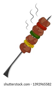 A long metal stick of cooked and steaming barbecue with pieces of meat  greens  and tomatoes is ready to be enjoyed  vector  color drawing or illustration
