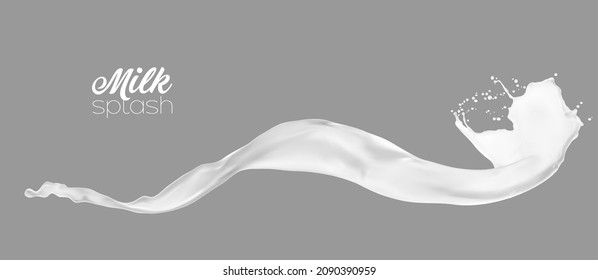 Long milk, yogurt or cream wave splash with drops, vector isolated dairy swirl. Realistic white milky drink pour flow or spill wave with splatters in swirl, dairy food yogurt or milkshake