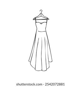 long minimalist dress with straps hanging on a hanger - hand drawn line art. summer dress on a hanger