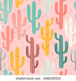 Long Multicolored Cacti On Pink Background. Seamless Pattern With Lovely Cactus In Vector. 
