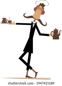 Long mustache comic cook flat illustration. 
Mustache cook carries a tray with coffee or tea cup and cream in one hand and a tea or coffee pot in another isolated on white illustration
