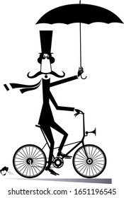 Long mustache man rides on the bike isolated illustration. Cartoon long mustache man in the top hat with umbrella rides on the bicycle and looks healthy and happy black on white
