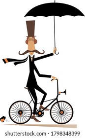 Long mustache man rides on the bike illustration. Cartoon long mustache man in the top hat with umbrella rides on the bicycle and looks healthy and happy isolated on white
