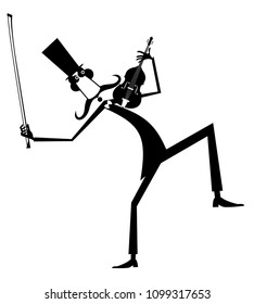 Long mustache man in the top hat with violin and fiddlestick black on white illustration vector