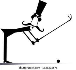 Long mustache man in the top hat plays golf isolated illustration. Long mustache gentleman in the top hat tries to make a good kick black on white
