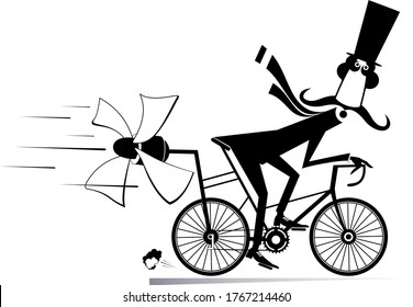 Long mustache man in the top hat rides on the bicycle illustration. Cartoon mustache man in the top hat rides on the bicycle and tries to ride faster using a propeller black on white background
