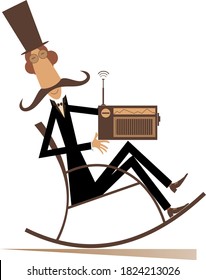 Long mustache man in the top hat, rocking chair and radio illustration. Long mustache man in the top hat sits in the rocking chair and listens a radio isolated on white
