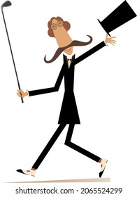 Long mustache man in the top hat goes to play golf illustration. 
Walking cartoon long mustache gentleman in the top hat holds a golf club isolated on white
