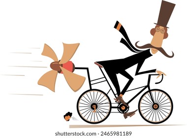 El hombre bigotudo largo en el sombrero superior monta en la bicicleta. Hombre bigote de dibujos animados en el sombrero superior se monta en la bicicleta y trata de montar más rápido utilizando una hélice