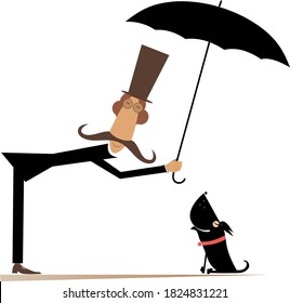 Long mustache man, umbrella and the dog illustration. Funny long mustache man in the top hat protects a dog against the rain by umbrella isolated on white illustration
