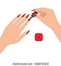 Long nails covered with varnish, top view. Woman paints her nails with red varnish. Home hand care. Vector illustration