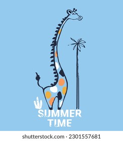 Long neck giraffe cool summer t-shirt print. African animal with slogan. Summer time. Camelopard beach funny child wear illustration. Vacation. Nursery t-shirt, kids apparel, invitation child design