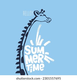 Long neck giraffe cool summer t-shirt print. African animal with slogan. Summer time. Camelopard beach funny child wear illustration. Vacation. Nursery t-shirt, kids apparel, invitation child design