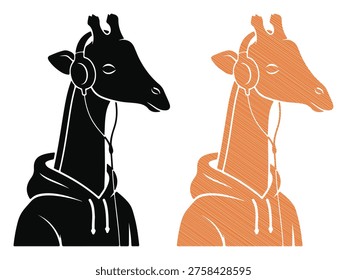 Long neck giraffe wearing sweatshirt and headset, music lover animal, urban style profile