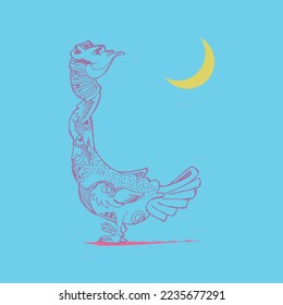Long necked bird outline hand draw illustration on blue background