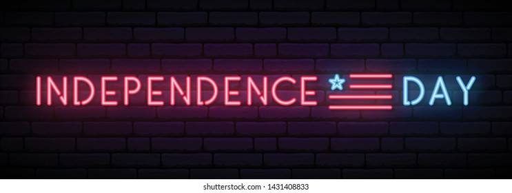 Long neon banner for Independence Day USA celebration. Horizontal light signboard. Vector illustation.