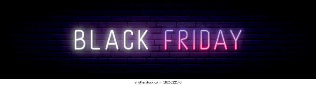 Long neon signboard with glowing Black friday inscription. Stock vector illustration for promo design. Neon Black friday banner.