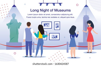 Long Night of Museums Trendy Flat Vector Banner, Poster. Female and Male People, Visitors, Tourists Visiting Museum Exposition at Night, Looking at Sculptures, Painting and Installations Illustration