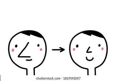 Long nose before after surgery plastic hand drawn vector illustration in cartoon comic style man expressive