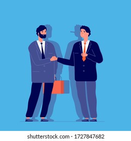 Long nose liar. Dishonest businessman hiding lie. Fake business truth. Man with pinocchio shadow. False manager cheat guy vector concept