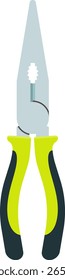Long nose pliers with green and black handles cutting a wire, isolated on a white background, represent craftsmanship, precision, and essential tools for various tasks