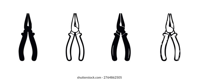 Long Nose Pliers Hand Tool Doodle Icon Set. Black and white vector illustrations of professional equipment.
