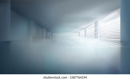 A long office hall with lots of windows. The rays of the sun coming through the blinds. Empty space. Vector illustration.