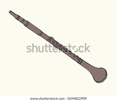 Long old retro classic blare audio line wooden valve gorn ska isolaedt white text space. closeup view outline black ink pen hand drawn cute folk band culture solo cornet hobby logo engrav sketch style