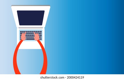 Long orange cartoon rubber hands on the laptop keyboard, blue gradient background with copy space. Remote working, freelancer's workplace, designer at work, vector illustration