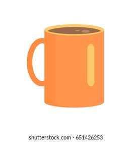 Long orange cup in round shape with brown drink inside isolated on white. Vector illustration of special colorful bowl for drinking hot tea or coffee. Warm concept with high teacup with handle