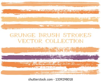 Long orange ink brush strokes isolated design elements. Set of paint lines. Dirty stripes, textured paintbrush stroke shapes. Ink brush stripes isolated on white, vector wall paint samples set.