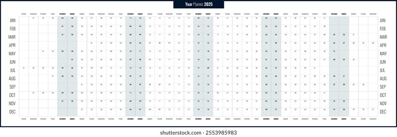 Long panoramic planner 2025. Yearly calendar template, one page, simple with copy space horizontal English