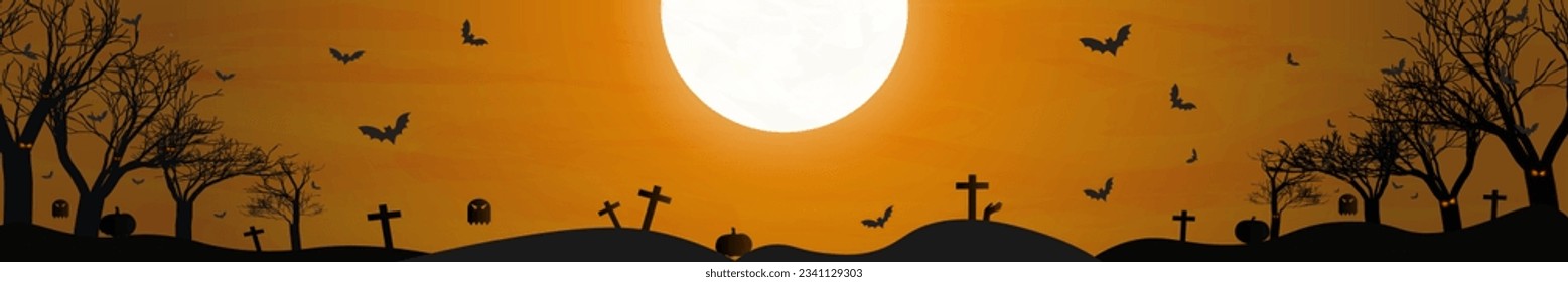 Long Panoramic Sunset with with dark silhouette of forest with flying bats, graves, ghosts, and zombie. Vector Illustration.