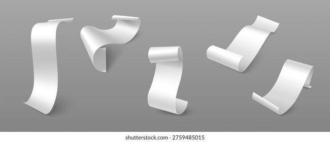 Long paper bill mockup in 3D realistic style - isolated white receipt roll for shop payment. Blank thermal check template with paper texture for grocery store, restaurant POS or supermarket cashier.