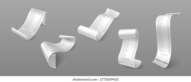 Long paper receipt mockups with printed purchase details and bill items on curled 3d roll tickets. Realistic shop reciept collection in various curved positions for retail transaction documentation.