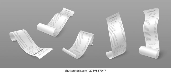 Long paper receipts set isolated on background. Vector realistic illustration of 3d bill rolls with product prices, payment confirmation document mockup, grocery shop cheque, cash machine receipt